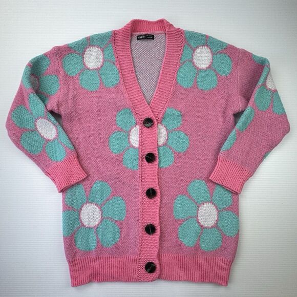 Pink Daisy Flower Cardigan Sweater Women’s S Oversized Y2K Retro Indie Boho - Picture 2 of 10